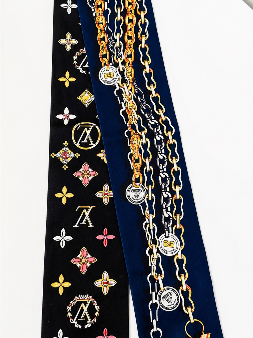 Louis Vuitton Black & Navy Silk Twilly with Gold Chain and Monogram Motifs